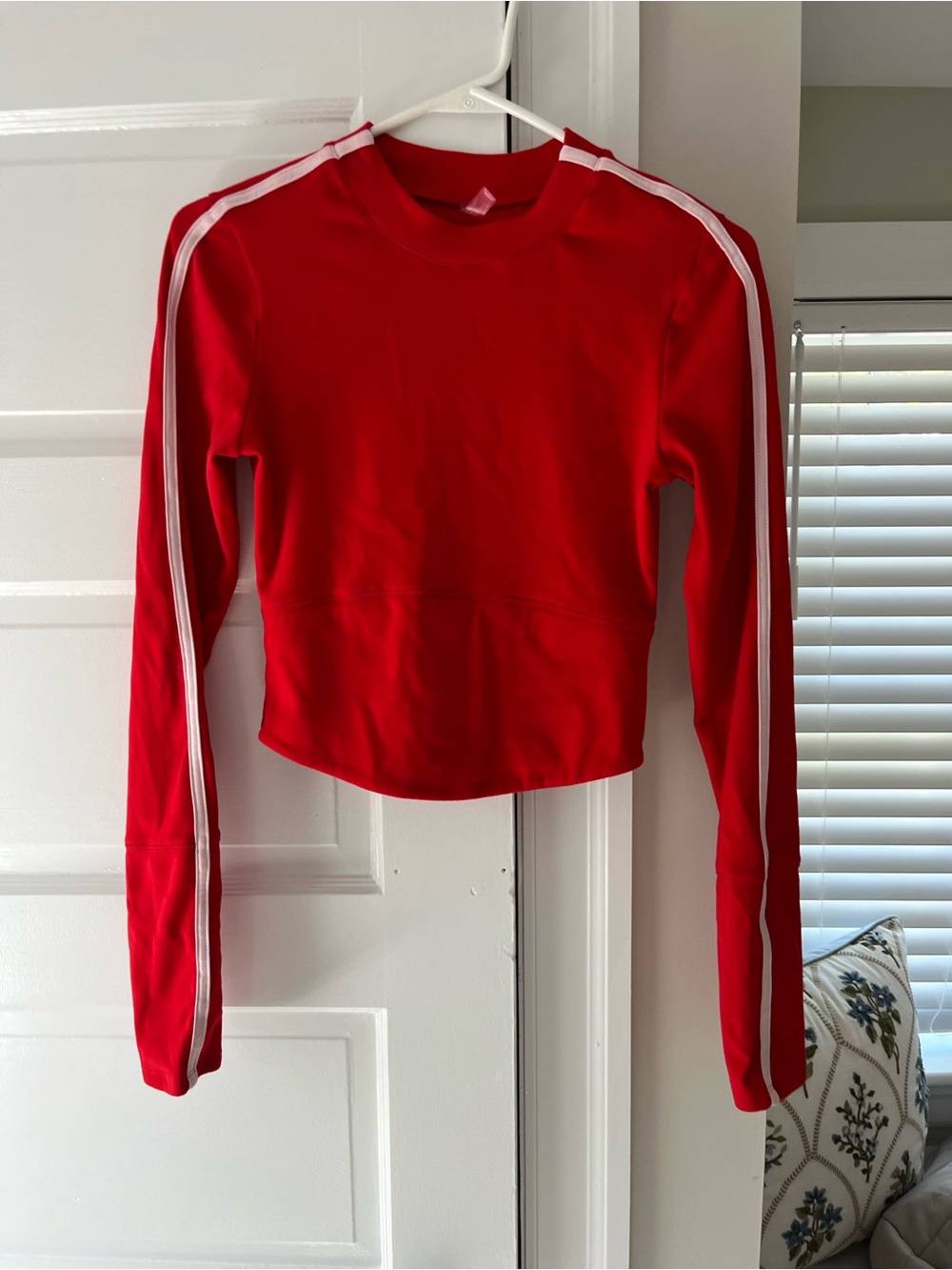 FP Movement by Free People Red Long-Sleeve Cropped Pullover with White Stripes